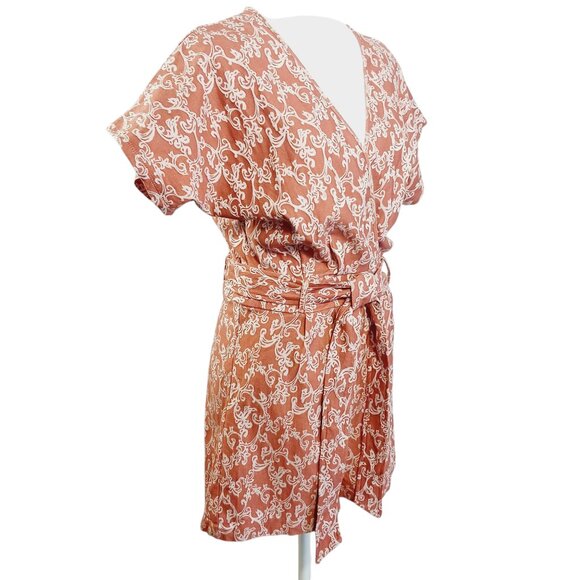 Chocolate U.S.A., Short Romper, Terracotta/Cream Print, Zip Back, Waist Tie SZ L - Picture 5 of 14